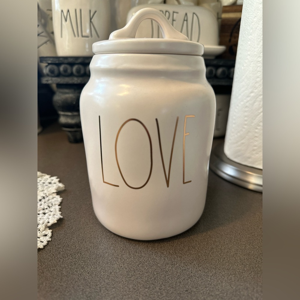 Rae Dunn baby LOVE canister in gold writing